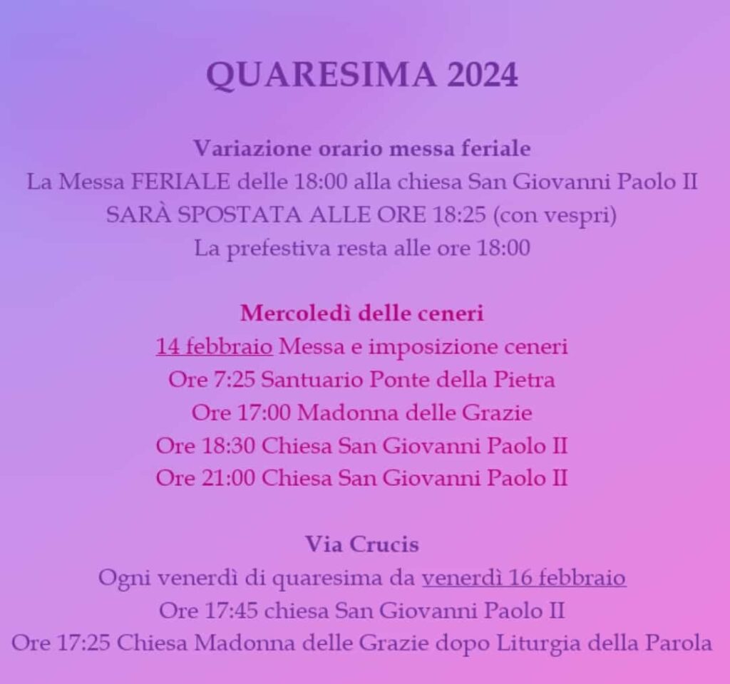 ceneri 2024 (cambio orario messa feriale)